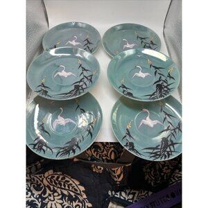 6 Crane Green Lusterware Tea Saucers Hand Painted In Japan Crane Stamped Nice
